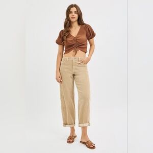 Risen High Rise Corduroy Barrel Jeans Tan Neutral Cuffed Ankle Crop Various NEW